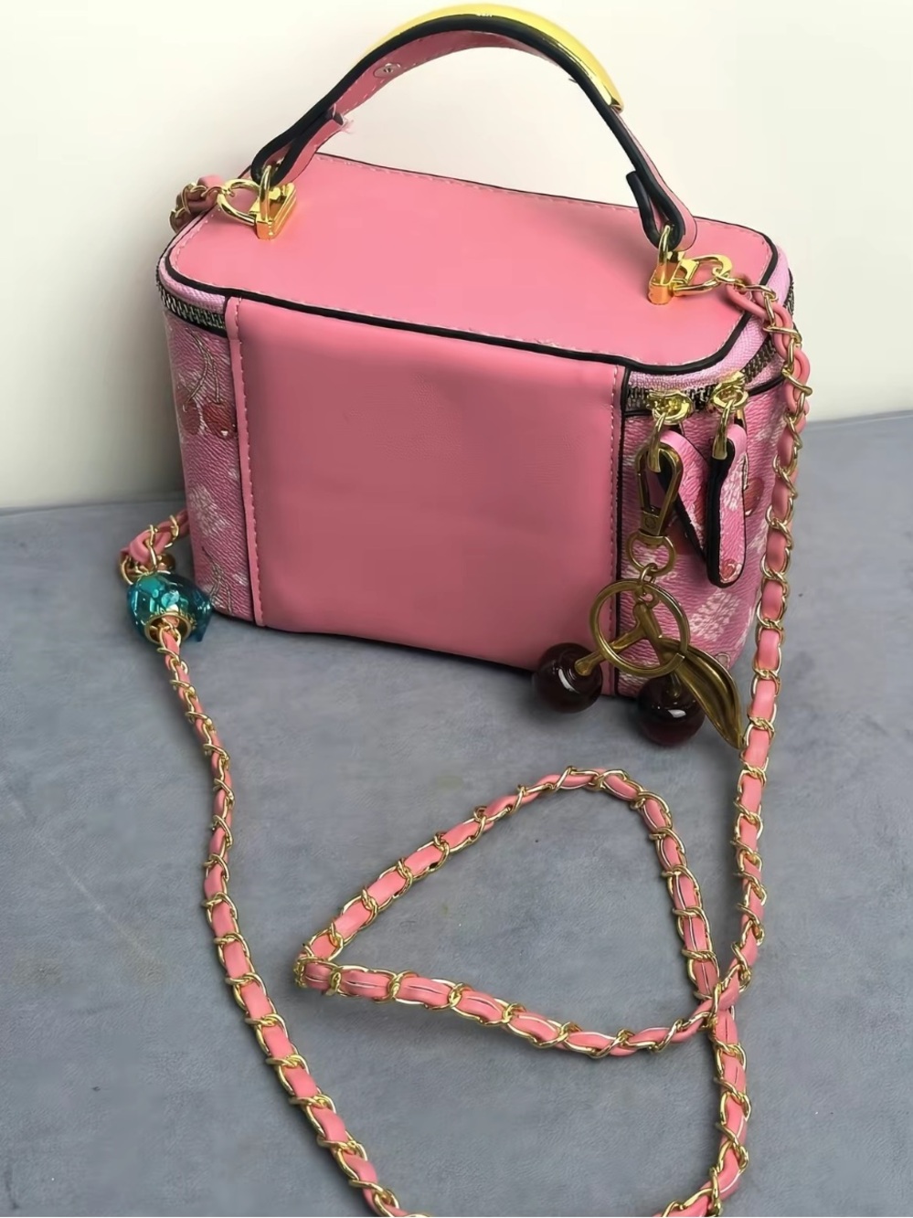 Pink Boxy Mini Top-Handle Bag with Gold Chain Strap